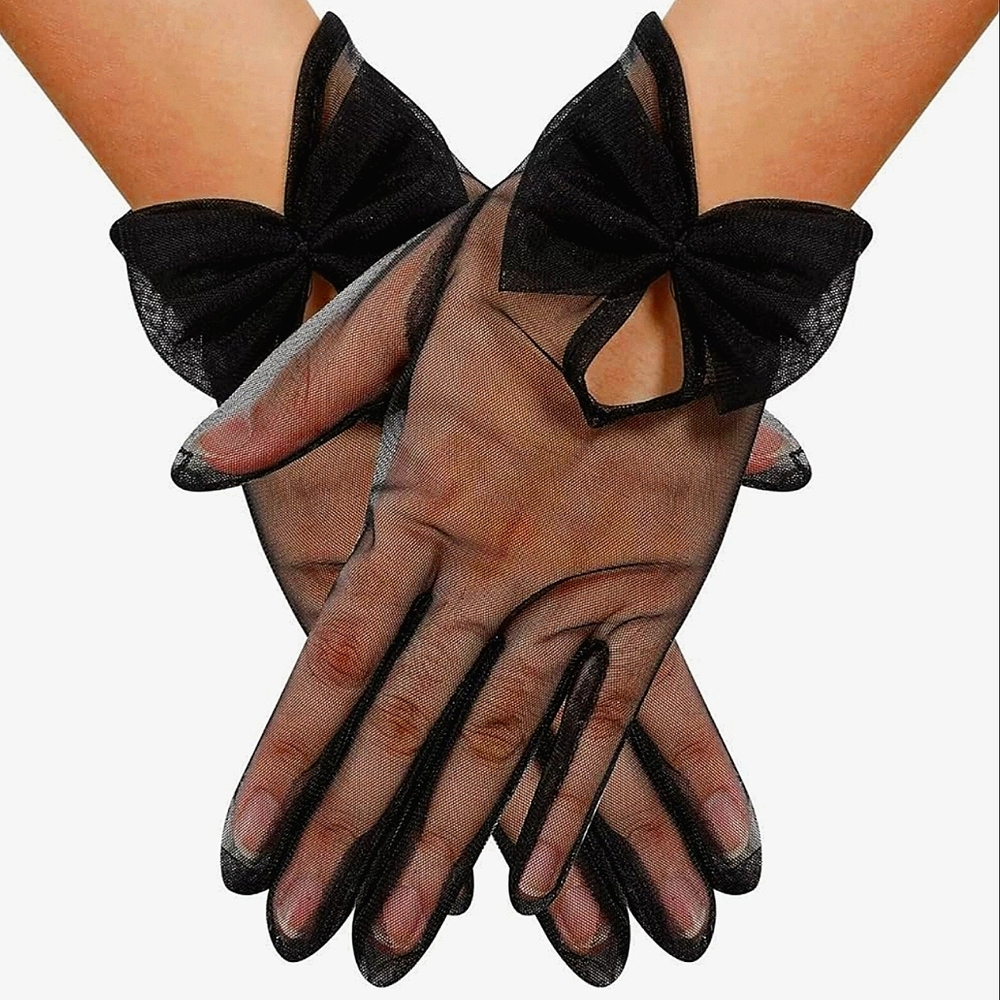 Black Gloves Gorgeous Sheer Peak-a-Boo Wrist Bow NWT